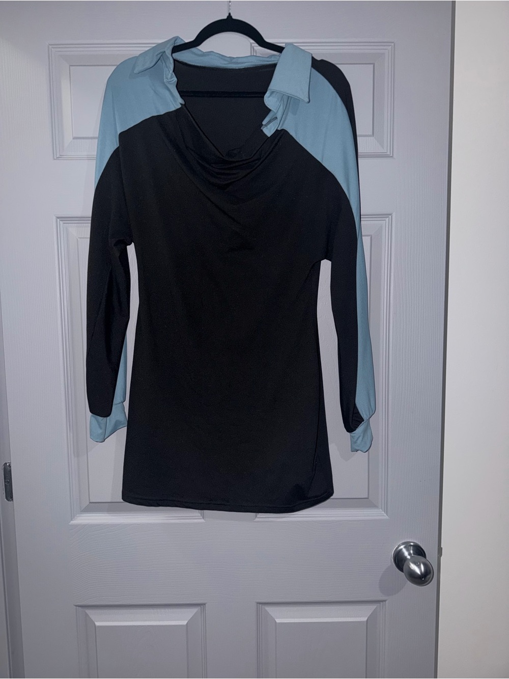 Black Tunic Top with Dusty Blue Shoulder & Sleeve Accents